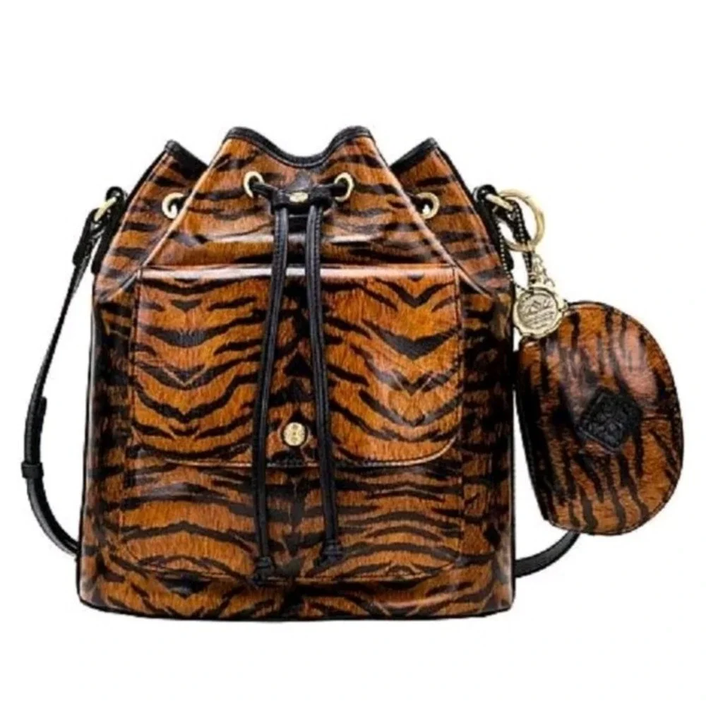 Patricia Nash Sabina Tiger Pattern Leather Drawstring‎ Bag Black Brown Western